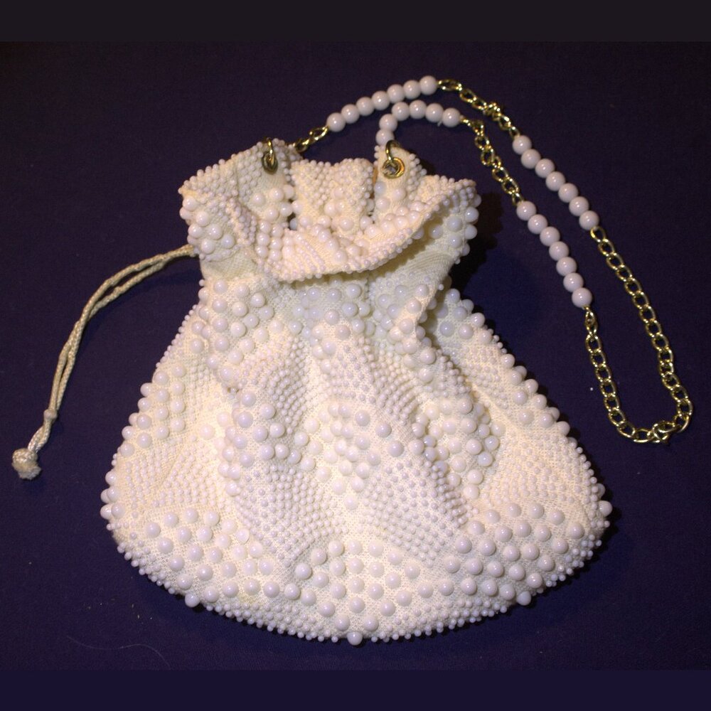 Vintage White Beaded “Candy Dot” or “Bubble Bead” 1970s Handbag